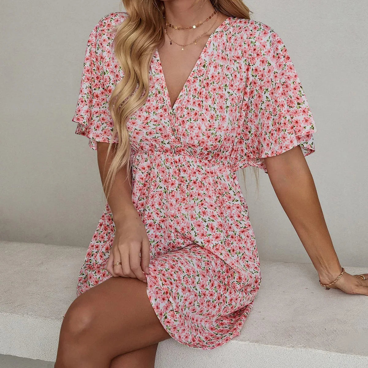 2024 Europe and the United States spring and summer new women's dress print V-neck short-sleeved casual loose dress women