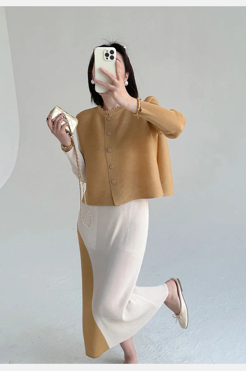 Khaki Beige Pleated Crew Neck Button Vest & Pleated Color Block Skirt Set Drapey Co-ord Set Minimalist Chic Trendy Daily 2026