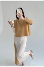 Khaki Beige Pleated Crew Neck Button Vest & Pleated Color Block Skirt Set Drapey Co-ord Set Minimalist Chic Trendy Daily 2026