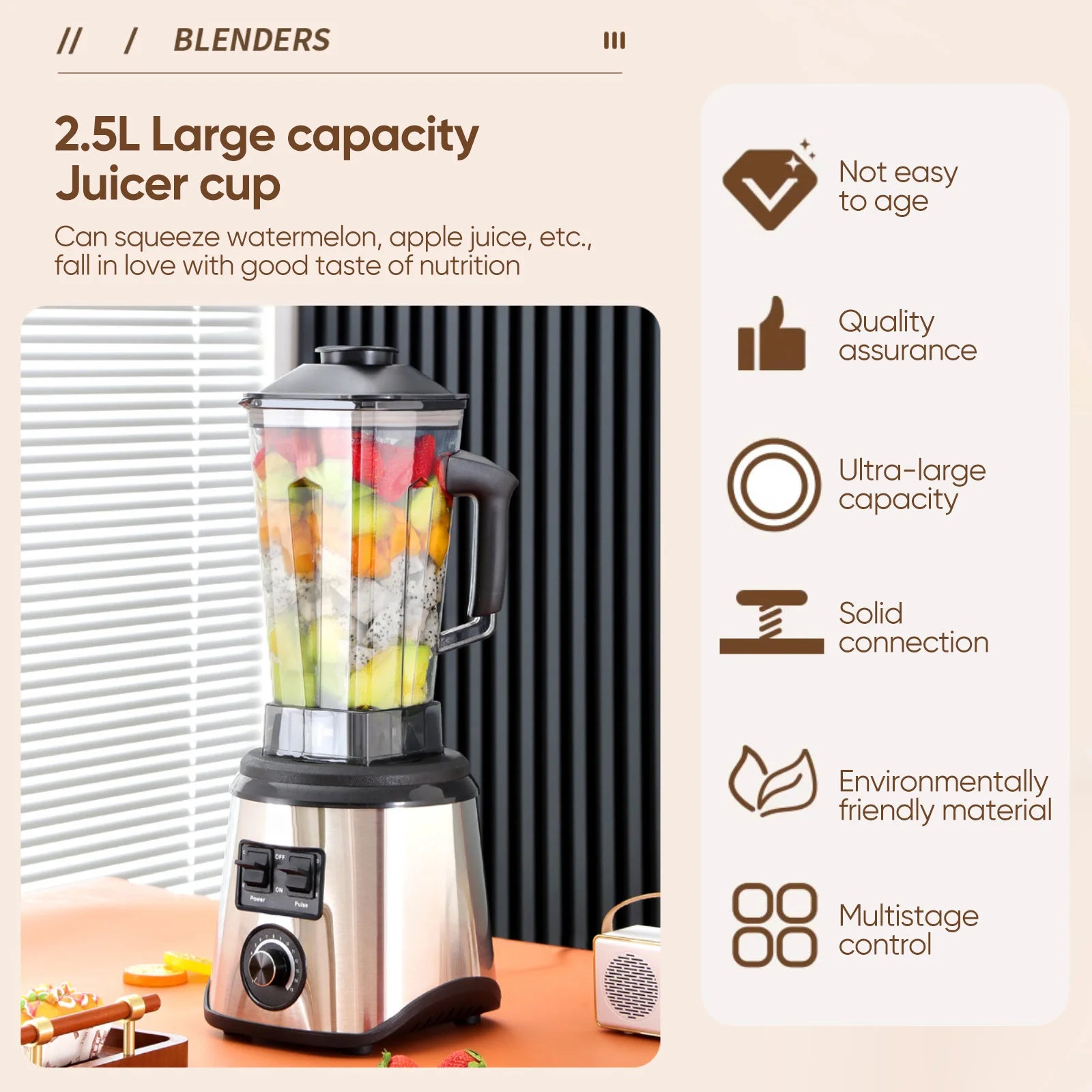 3-in-1 Powerful Table Blender Mixer Juicer Smoothie Maker 0.5/1.5/2.5L 3Container Food Processor Blender Mixer for Ice Nut Fruit