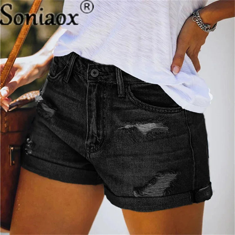 2024 Summer New Women Crimping Button Up Stretch Sexy Hole Jean Shorts High Waist Skinny Streetwear Trendy Ripped Denim Shorts