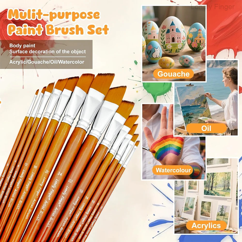 13 Pcs Long Handle Artist Paint Brush Set, 4 Tip Shapes :Pointed/Flat/Angled/Filbert for Multi-Media Art & Craft,Wooden Handle