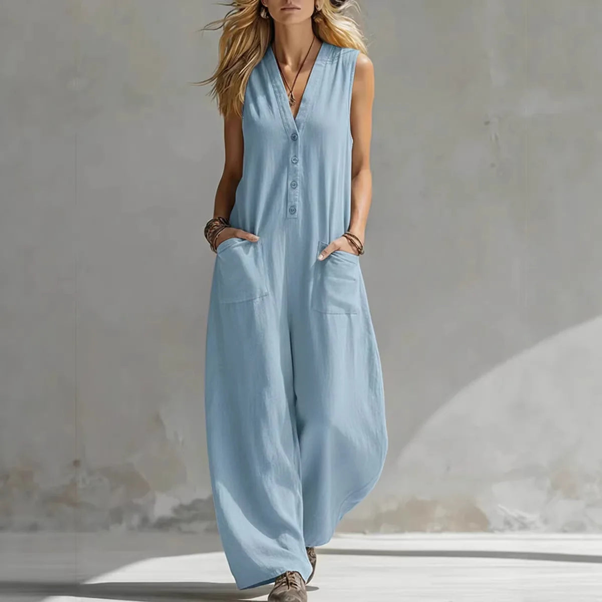 Jumpsuits women 2026 rompers Double-pocket casual linen cotton sleeveless long jumpsuits women's clothing Main image