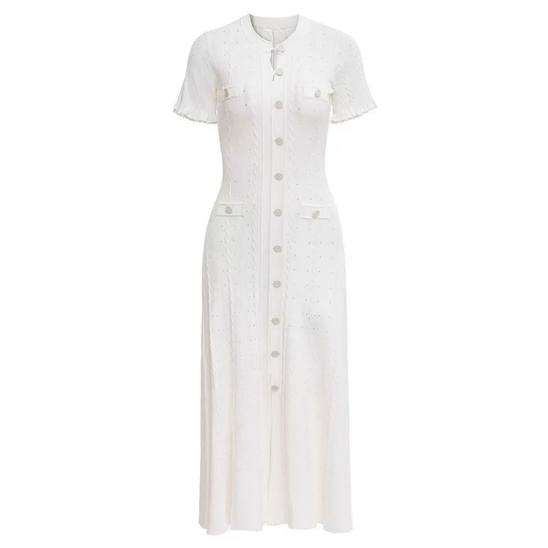 Summer Solid Round Neck Short Sleeved Office Lady Knitted Dress Women Korean Single Breasted Hollow Out Long Dress Fashion Trend