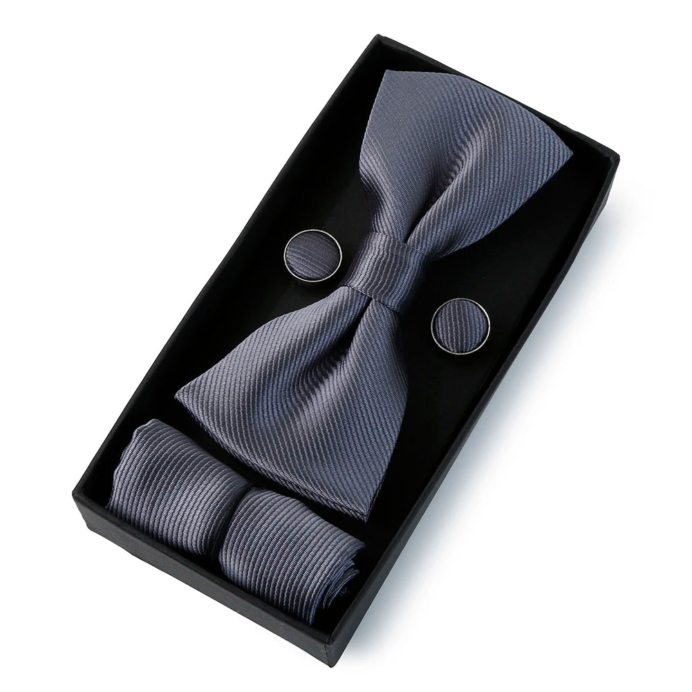 HUISHI Classic Black Bowtie Bow Ties For Mens Butterfly Bowknot Pocket Square Cufflinks Suit Set Bussiness Accessories Gift Box