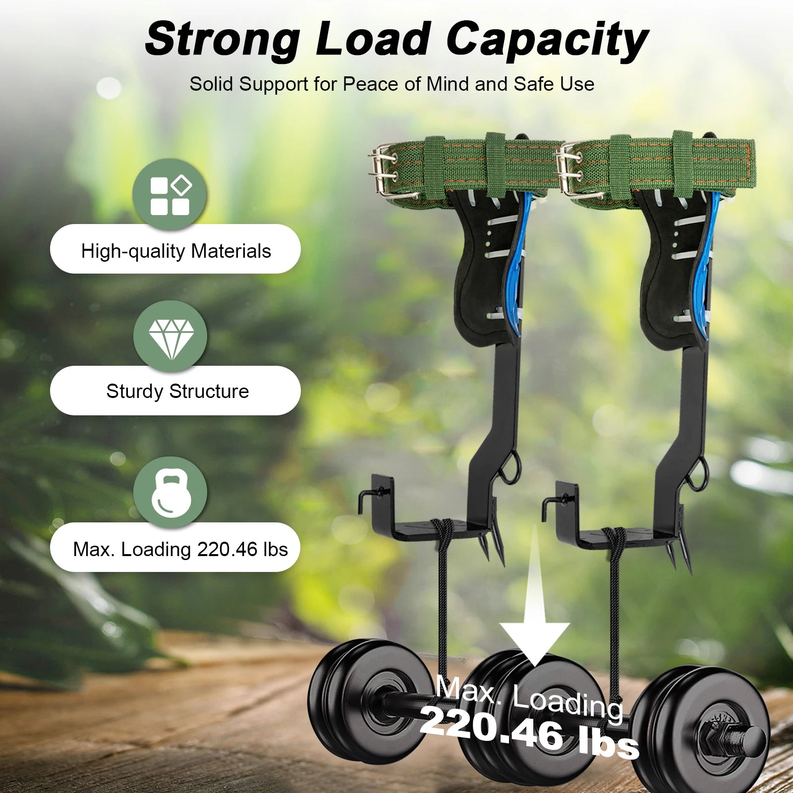 Tree Climbing Tools with Safety Belt 2M Rope 45# Steel Wide Foot Pedal Comfortable Kit for Fruit Picking, Jungle Survival, Black