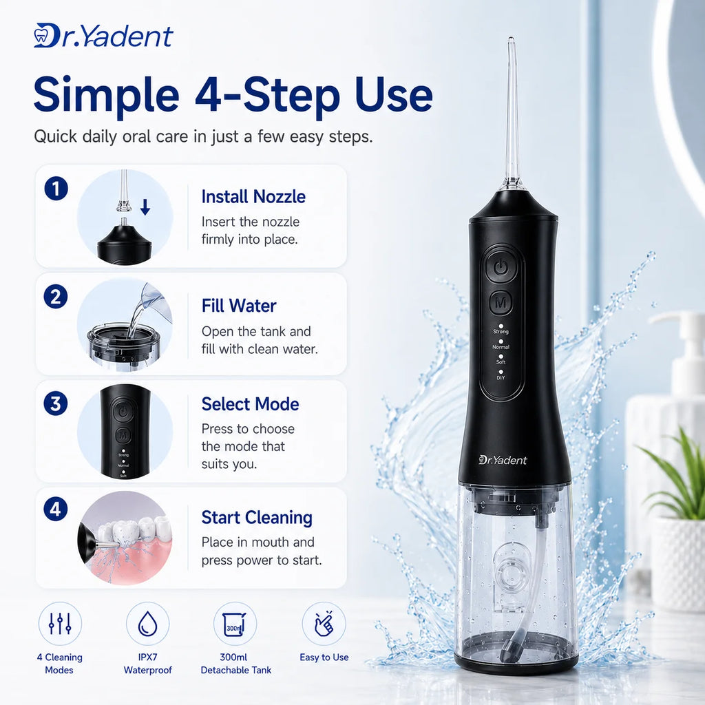 Dr.Yadent YD06 Cordless Oral Irrigator WaterFlosser 300ML Portable Water Jet USB-C Fast Charge 7 Nozzles 4 Modes IPX7 Waterproof