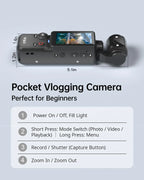 4K HD Video Recording Camera with 1.9" CMOS, USB Rechargeable, 180° Rotating Action Camcorder for Vlogging, Live Streaming
