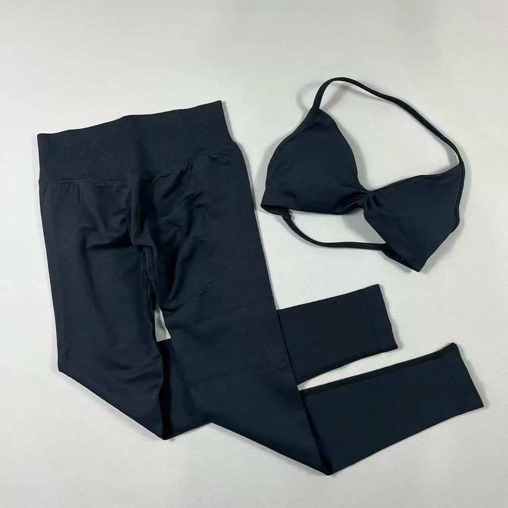 UETEEY Set For Woman Strappy Yoga Bra Sports Top Workout Leggings Set Seamless Gym Set Fitness Clothes Outfit Activewear