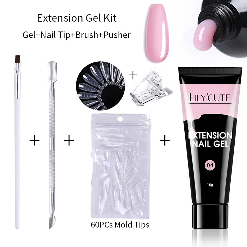 LILYCUTE 15ml Extension Gel Nail Polish Set Quick Nail Prolong With Extend Mold Nail Tips Acrylic Solution Manicure Tools Kit