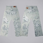 Y2K Black Washed Embroidered High-waisted Oversized Jeans Men European and American Retro Classic Loose Wide-leg Straight Pants