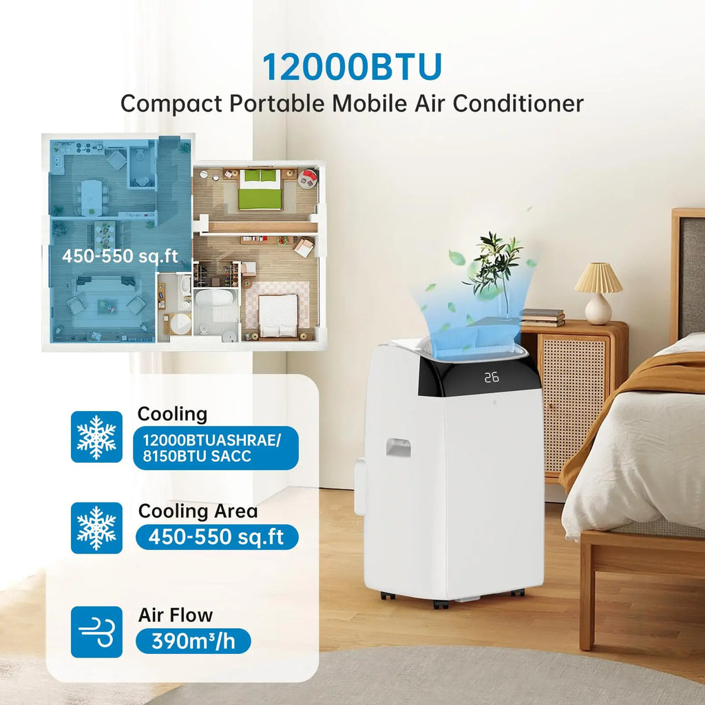 Portable Air Conditioner 12000 BTU, 4-In-1 Cooling Dehumidifier Fan & Auto Airflow, No Outdoor Unit, Quiet Operation, For Home