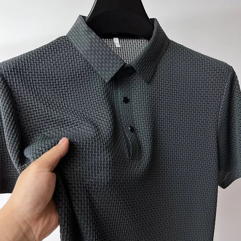New Men's Business Casual Short Sleeved Bone Flower Solid Color POLO Shirt Fashion Breathable Comfortable Summer Versatile Top