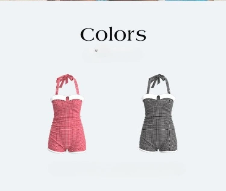 USPOP Vintage Gingham One-Piece Swimsuit for Women, Retro Halter Neck Bathing Suit, Comfortable Summer Beachwear