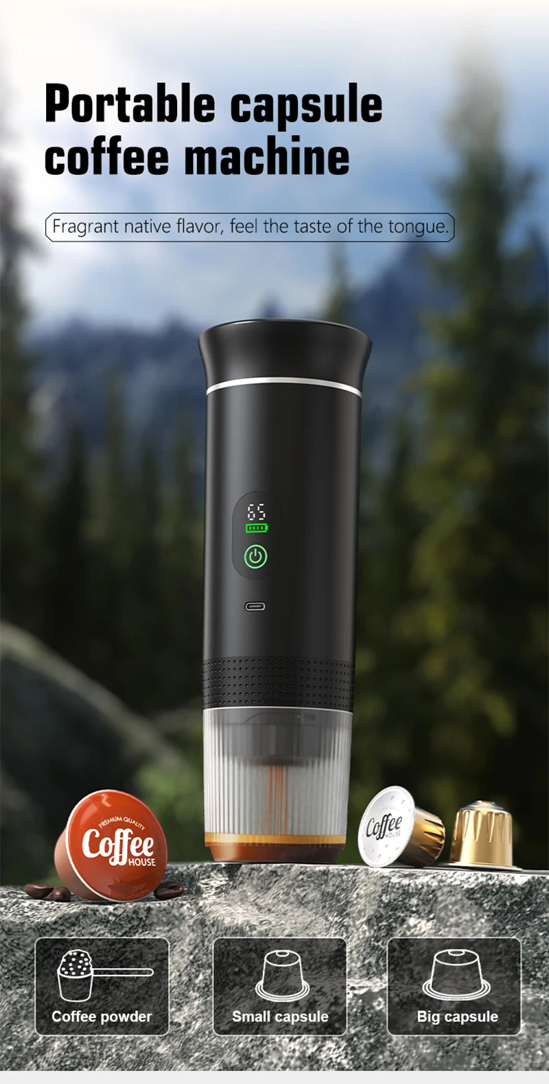 DENOKIN Portable Espresso Coffee Machine With Digital Display 3-in-1 Capsule Coffee Maker for Car & Home Camping Coffee Maker