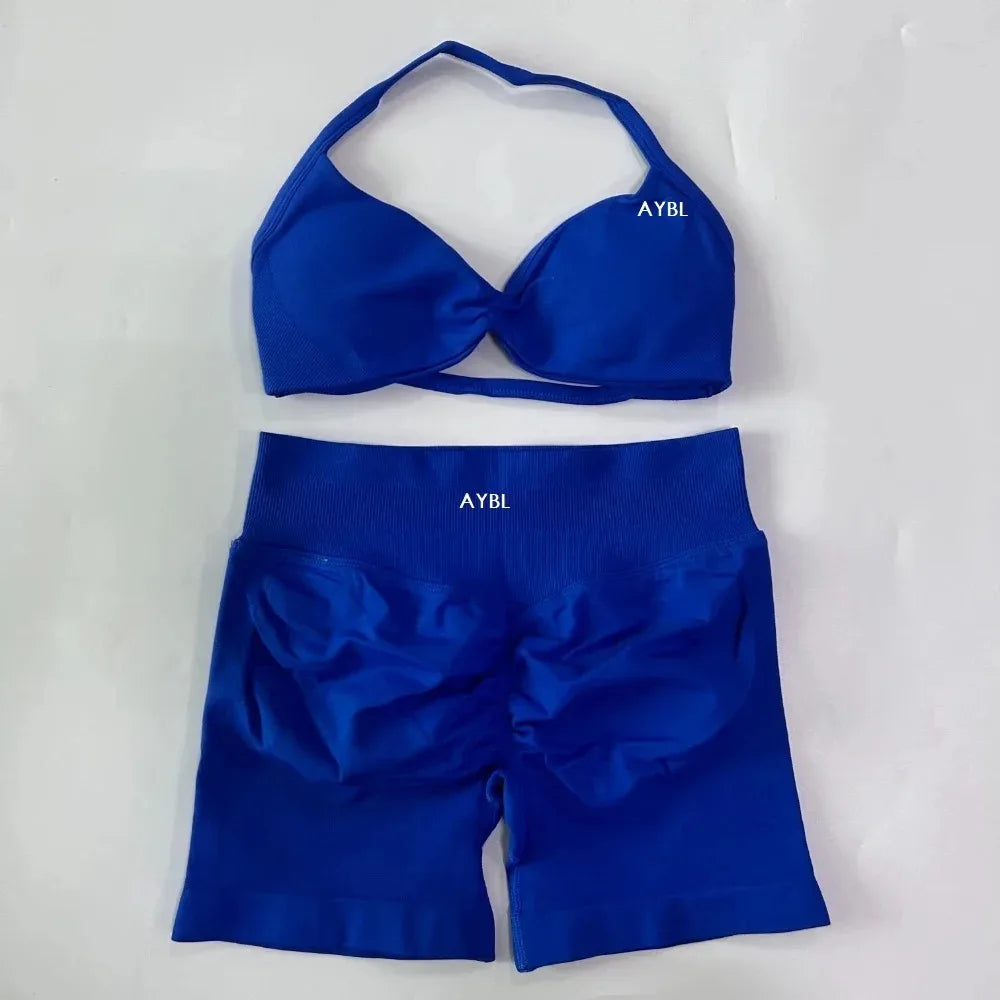 AYBL 2PCS Yoga Set Gym Set Women Strappy Yoga Bra Top High Waist Workout Scrunch Shorts Sports Suit Seamless Yoga Set Fitness