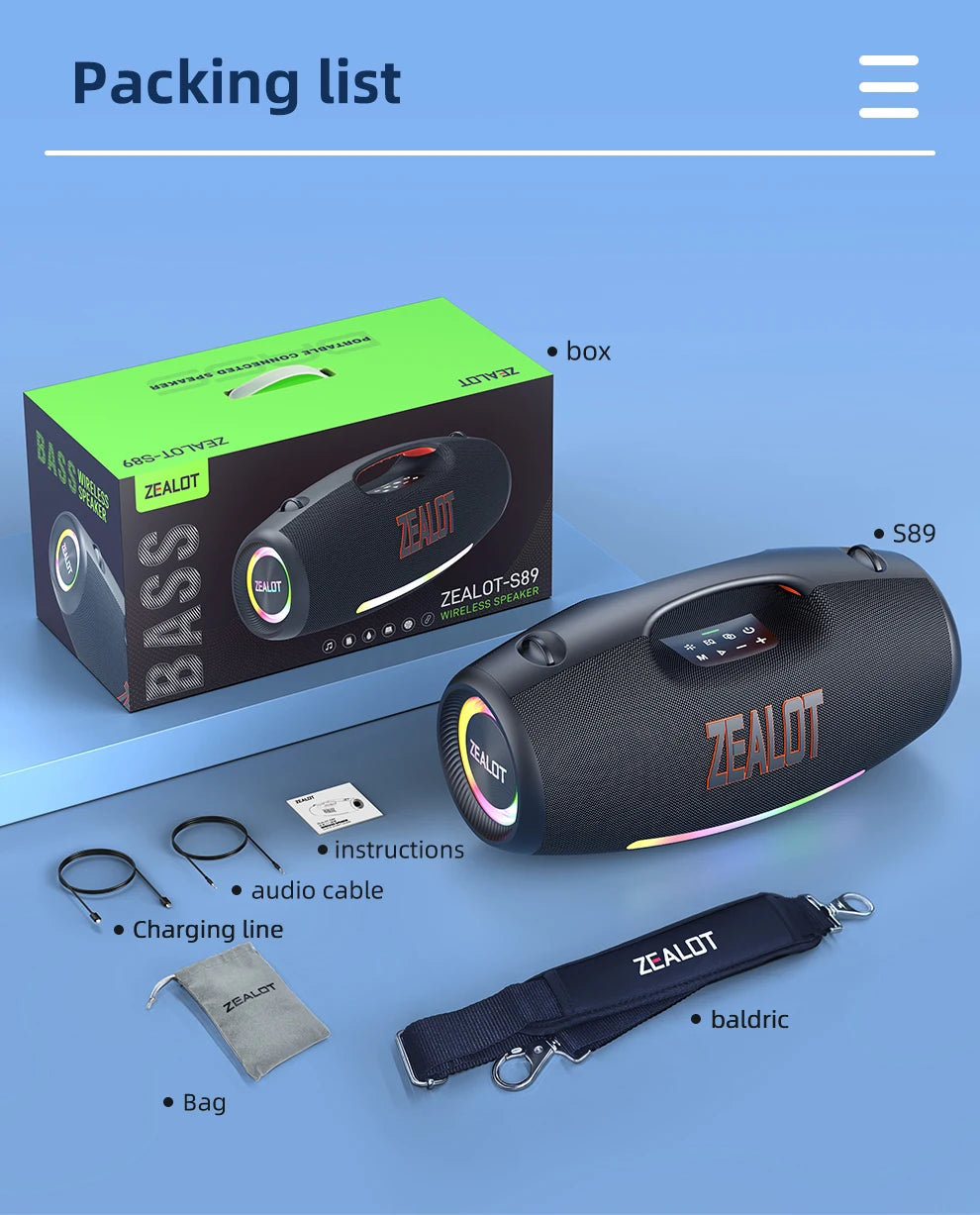 ZEALOT-S89 250W Waterproof Portable Loud Bluetooth Speaker, Wireless Outdoor Boombox SubwooferTriple Passive Radiators-Deep Bass