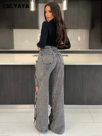 CM.YAYA Women Vintage Cutout Hollow Out Criss Cross Straight Denim Pants 2024 Fashion INS High Waist Wide Leg Jeans Trousers