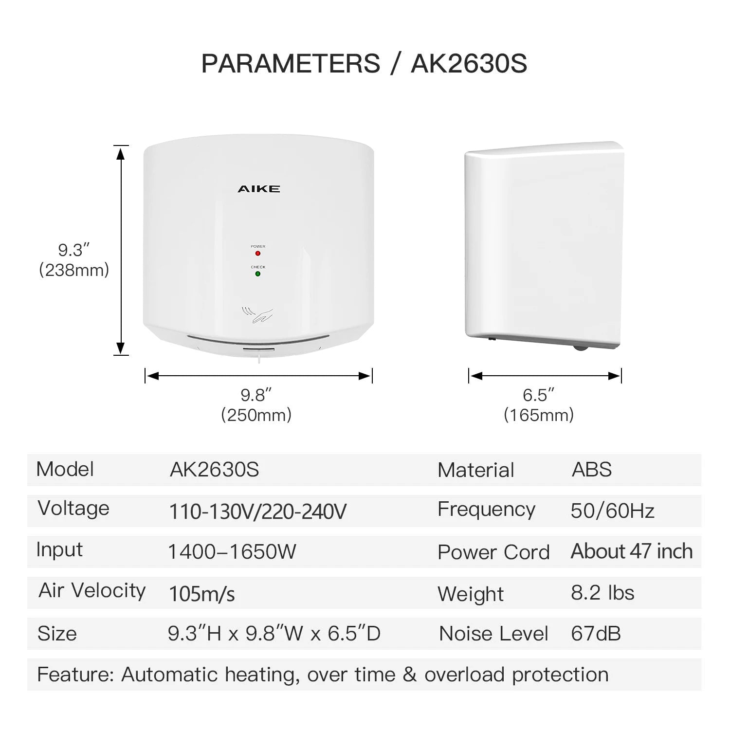 AIKE Bathroom Hands Dryer Wall Mounted Automatic High Speed Hands Dryer Commercial Smart Sensor Hands Drying Machine AK2630S Secondary image