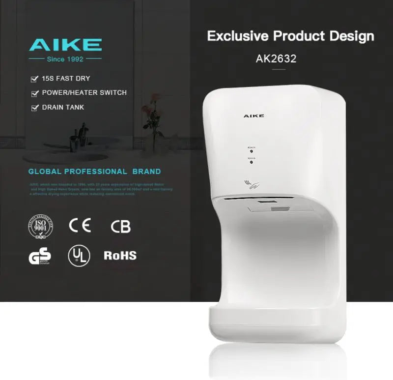 AIKE Automatic Hands Dryer with Drip Tray Wall Mounted High Speed Drying Machine 10-15s Quick Dry Hands Model AK2632 1400-1650W