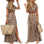 2024 Summer Bohemian Women's Long Dress V Neck Short Sleeve Floral Printed Beach Elegant Vintage Dress with Belt