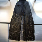 New Summer Denim Patchwork Hook Flower Hollow Lace Straight Leg Wide Leg Pants Casual High Waist Heavy Embroidery Rhinestone