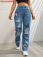 Butterfly Printing Denim Trousers Women Holes Jeans Straight Pants High Waist Loose Fit Vintage 2026 Casual Distressed Denims