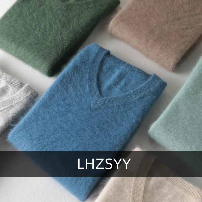 LHZSYY Men's 100% Mink Cashmere Large Size Sweaters Autumn Winter Solid V-neck Casual Knit Pullovers Men Long Sleeve Warm Jumper Main image