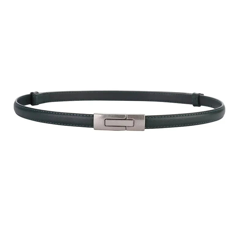 Adjustable Women’s Skinny Thin Belt, Classic Solid Color Genuine Leather Waistband for Trendy Coats and Dresses