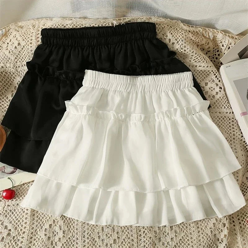 Summer Kawaii White Ruflles Skirt Women Fashion Slim Fit Mini Skirts Giris Y2k All Match Elastic High Waist Black Faldas Main image