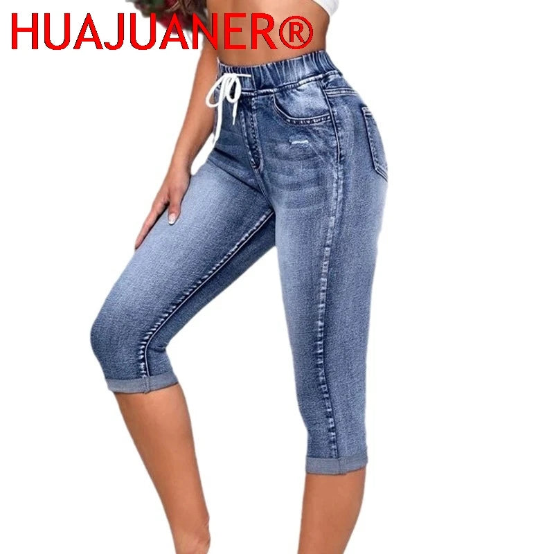 Hole Jeans Women Calf Length Pants Denim Fit High Waist Drawstring Pockets Vintage Pencil Trousers 2026 Streetwear Denims