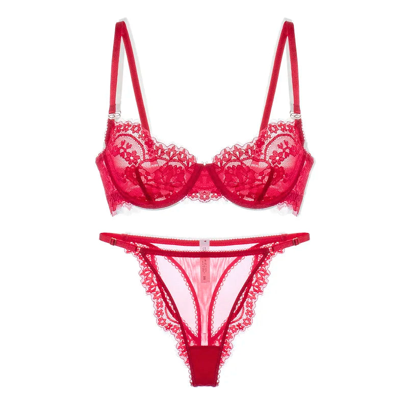 Sexy thin lace lingerie briefs sets women large size bras with steel ring see-through underwear set bra set