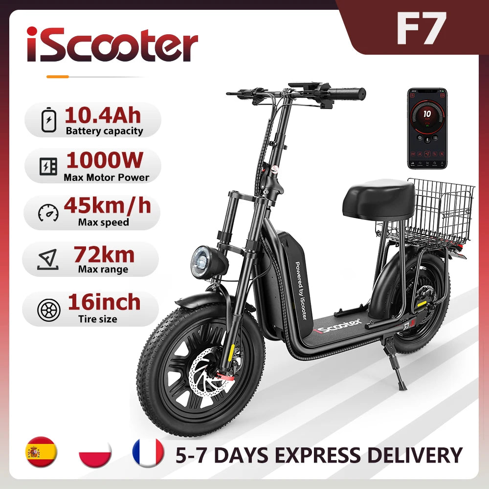 iScooter F7 48V 1000W E-Scooter 45km/h 72km Range App Control 16" All-Terrain Tires Foldable Rear Basket Perfect Grocery Helper Main image