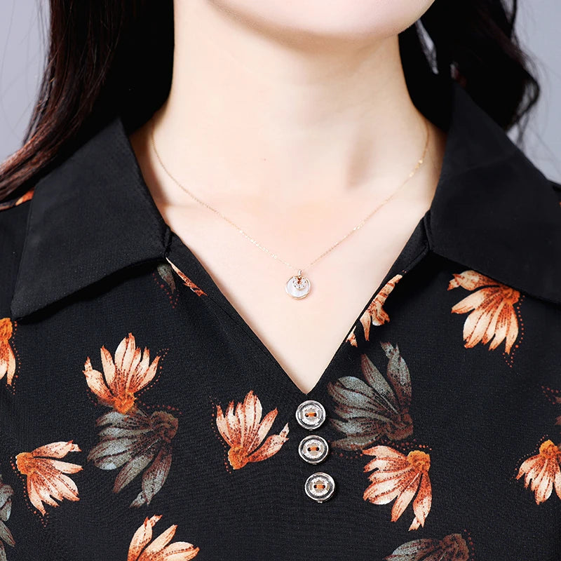 Summer half sleeve Shirt Fashion Commute All-match Ice Silk Printed Button Loose Women's Blouses Top