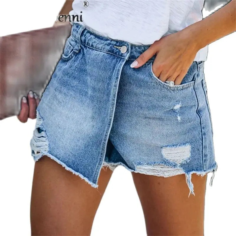 2024 Summer New Women Ripped Repaired Denim Shorts High Waist Bodycon Distressed Hole Bottoms Casual Pockets Sexy Short Jeans Main image