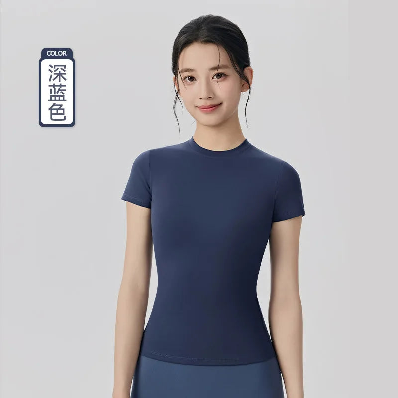 Spring and Summer Yoga Wear Short-sleeved Nude Tight-fitting Fitness Wear for Women Outdoor Running Training Sports T-shirt