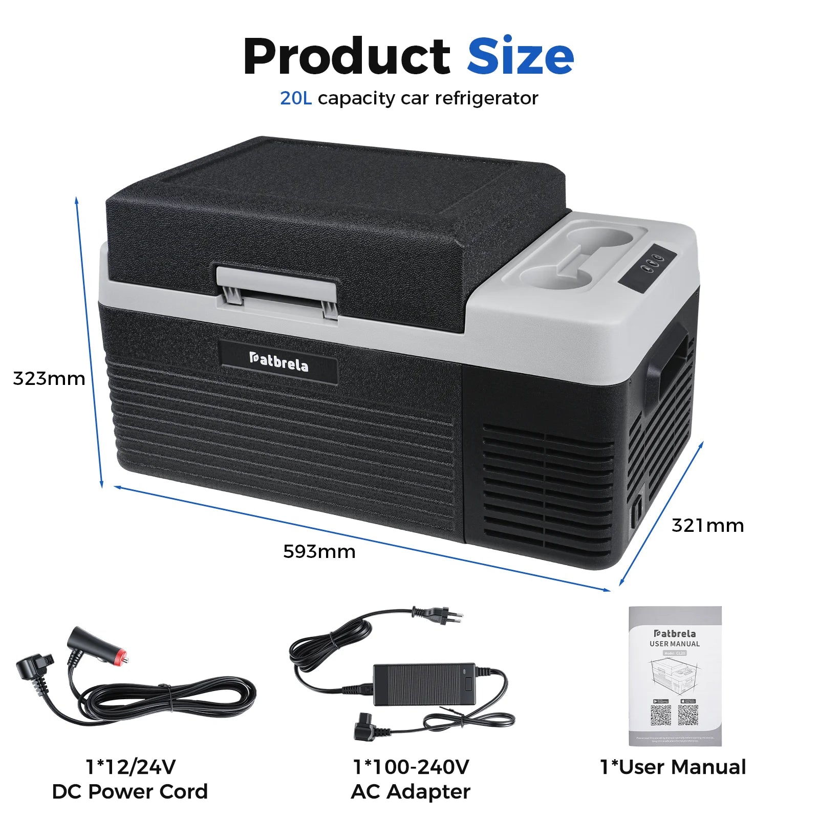 Patbrela 20L Car Refrigerator 12V Compressor Fridge 12/24V DC 100-240V AC Portable Compressor Cooler Box for Camping Travel with APP Camping Fridge
