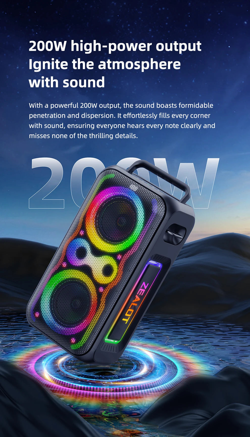 ZEALOT-PT21 200W Wireless Bluetooth Speaker , Portable Outdoor Speakers Loud with Bass Boost, Stereo Pairing, Reverse Charging,