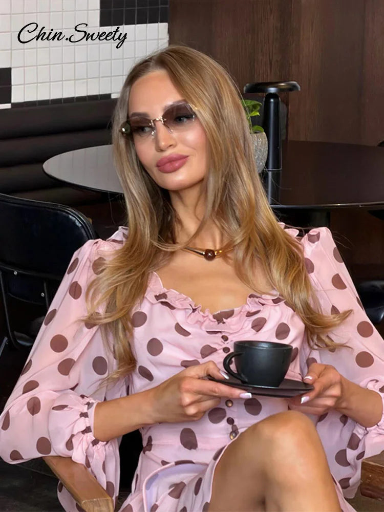 Elegant Polka Dots Casual Dress For Women Pink Ruffle Full Sleeve S Line Summer Dresses Lady New Fashion Street Robe 2026