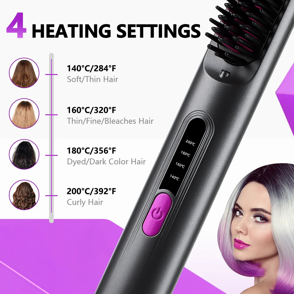 Cordless Hair Straightener Brush 3 Temperature Electric Negative Ions Ceramic Anti-Scald Heated Comb Hair Styling Tools