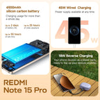 Global Version Xiaomi REDMI Note 15 Pro MTK Helio G200-Ultra 6.77" AMOLED display 200MP Camera 6500mAh 45W fast charging 120HZ