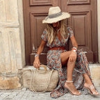 2024 Summer Bohemian Women's Long Dress V Neck Short Sleeve Floral Printed Beach Elegant Vintage Dress with Belt