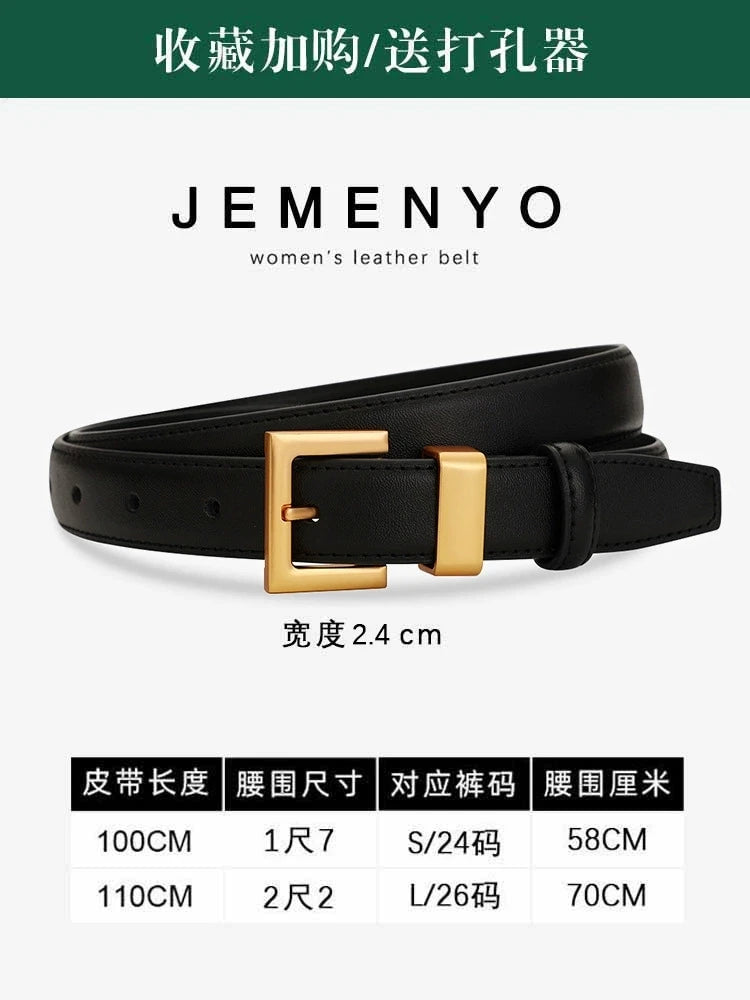 Ladies leather belt; cowhide versatile decoration for suit waist belt; retro simple high-end black ins style denim belt.