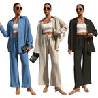 Plus Size Casual Loose Two-Piece Set Wide Leg Pants Long Sleeve Shirt Light Beige Street Style Elegant Quality Polyester Summ...