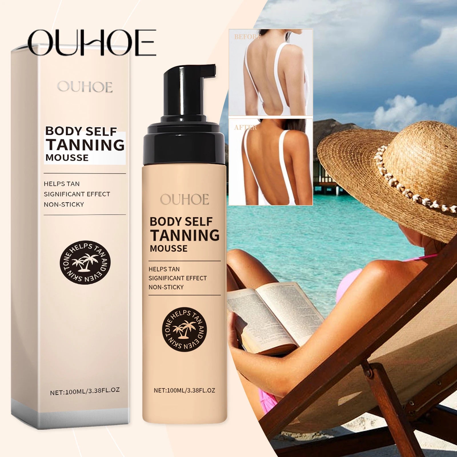 Ouhoe 100ml Sunless Self Tanning Mousse QuickDry Bronze Bronzer Natural Looking Tan for Face and Body Waterproof Outdoor Formula Main image