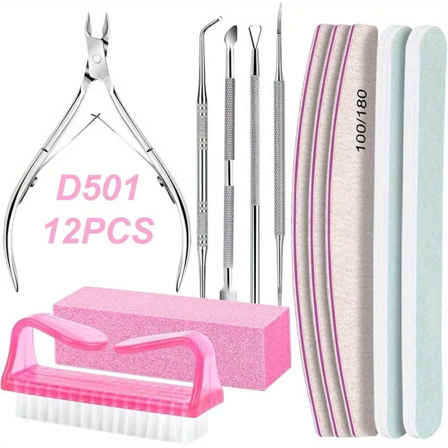 12Pcs/lot Nail Art 100/180 Grit Professional Files Buffer Sponge Block Brush Nail Scissors Kit With Cuticle Nipper Pushers