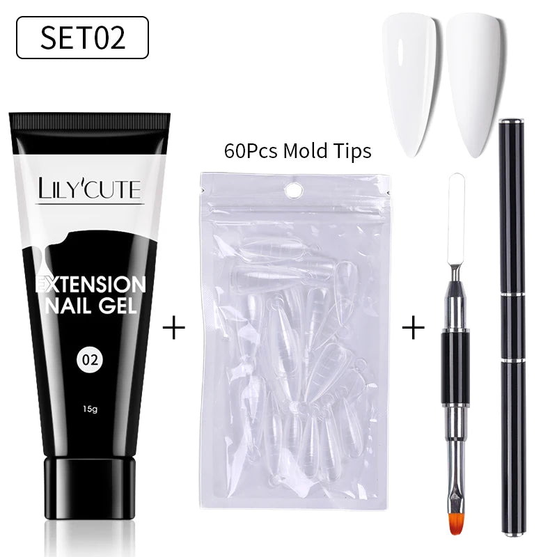 LILYCUTE 15ml Extension Gel Nail Polish Set Quick Nail Prolong With Extend Mold Nail Tips Acrylic Solution Manicure Tools Kit