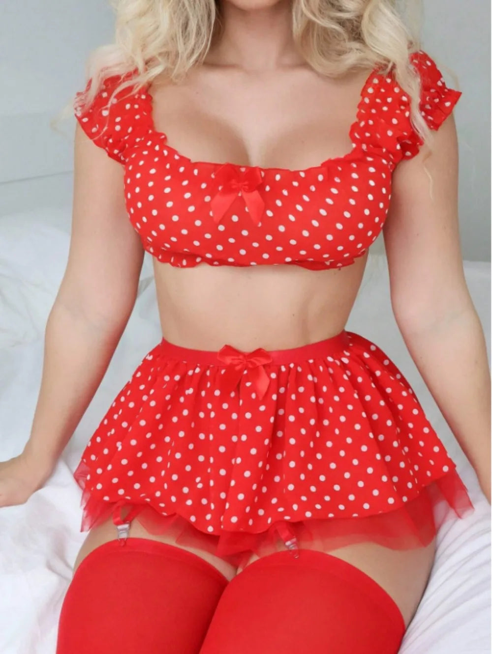 Polka Dots Sexy Tutu Women's Lingerie Set High-value Fashionable and Exquisite Off-the-shoulder Slot Two-piece Set
