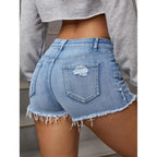 Women Ripped Denim Shorts Raw Hem Distressed A-line High Waist Summer Streetwear Skinny Hot Pants Fashion Leisure Clothing