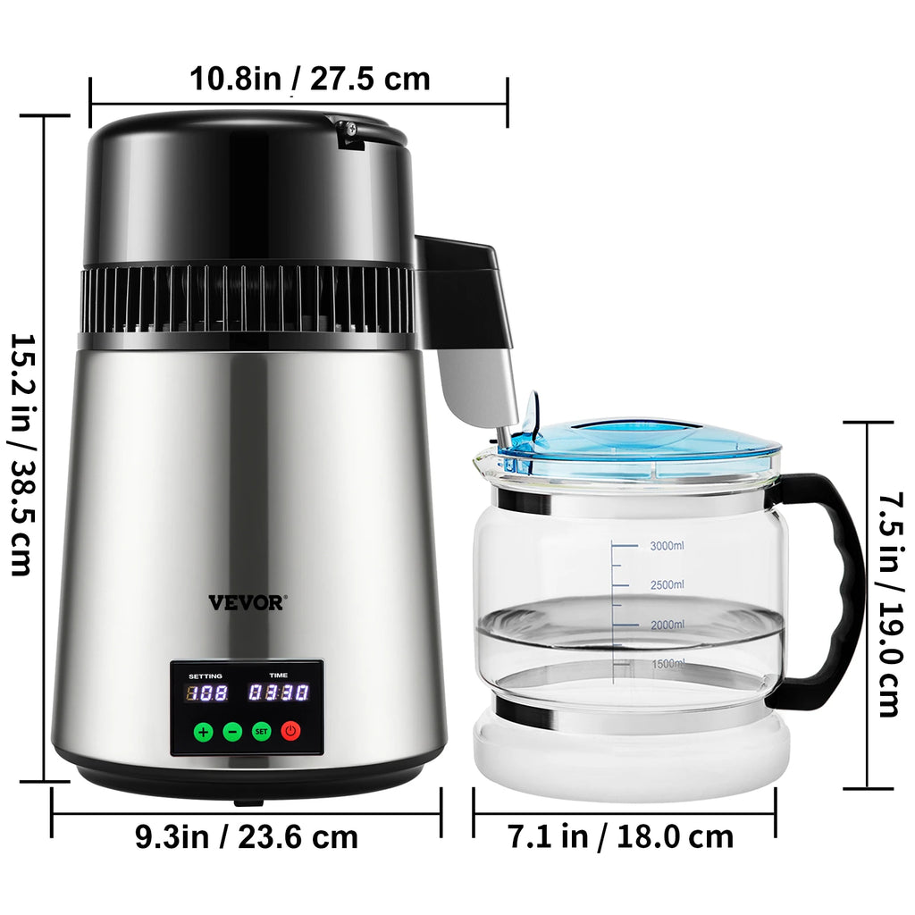 SucceBuy 4L Water Distiller Purifier Filter 1 L/H Distilling Speed Dispenser Drinking Bottle Softener Touch Screen Home Use